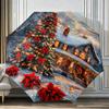 Automatic Folding Umbrella with Winter Snow Scene - Christmas Tree, Red Bows & Snow-Covered House Design, Portable Collapsible