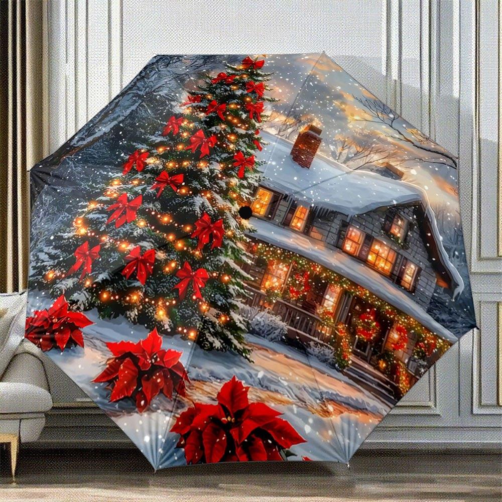 Automatic Folding Umbrella with Winter Snow Scene - Christmas Tree, Red Bows & Snow-Covered House Design, Portable Collapsible