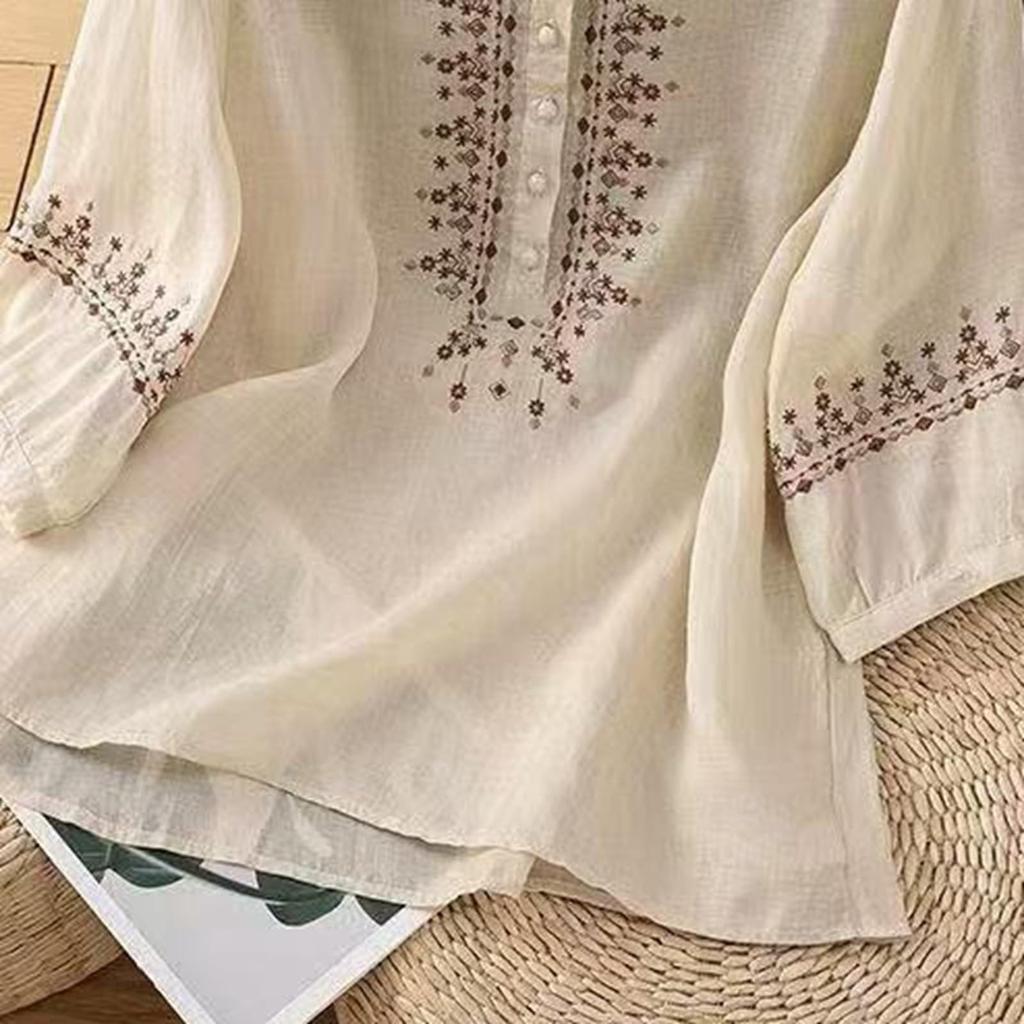 Fashion Women's Shirt Five-quarter Sleeve Spring And Summer Loose Top Embroidered Shirt