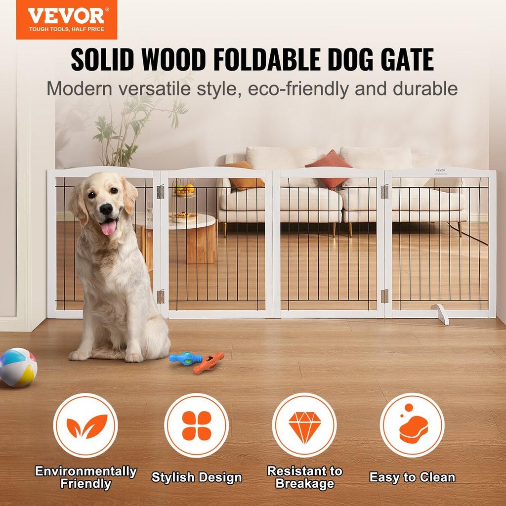 Free Standing Dog Gate 32x96.5 Inch Freestanding Pet Gate Foldable White