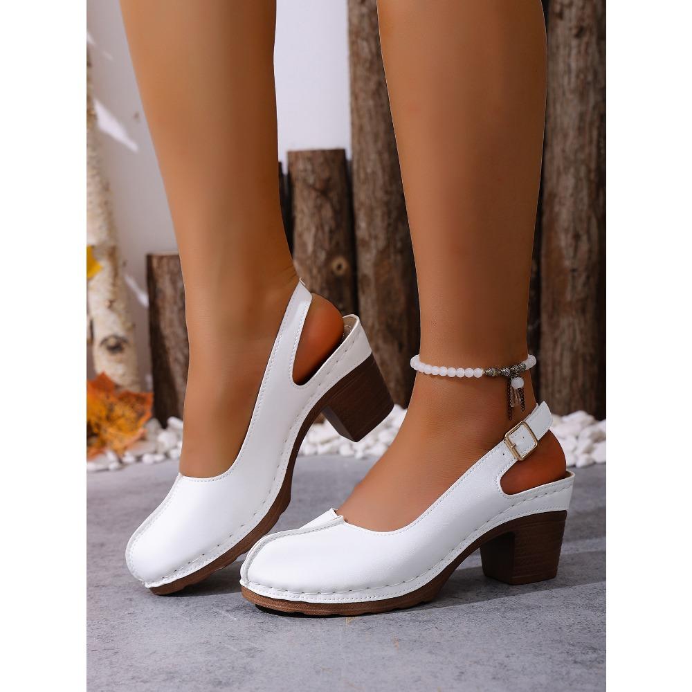 Plus Size Women Retro Block Heel Sandals, Buckle Design Comfort High Heels Outdoor Beach Vacation Shoes