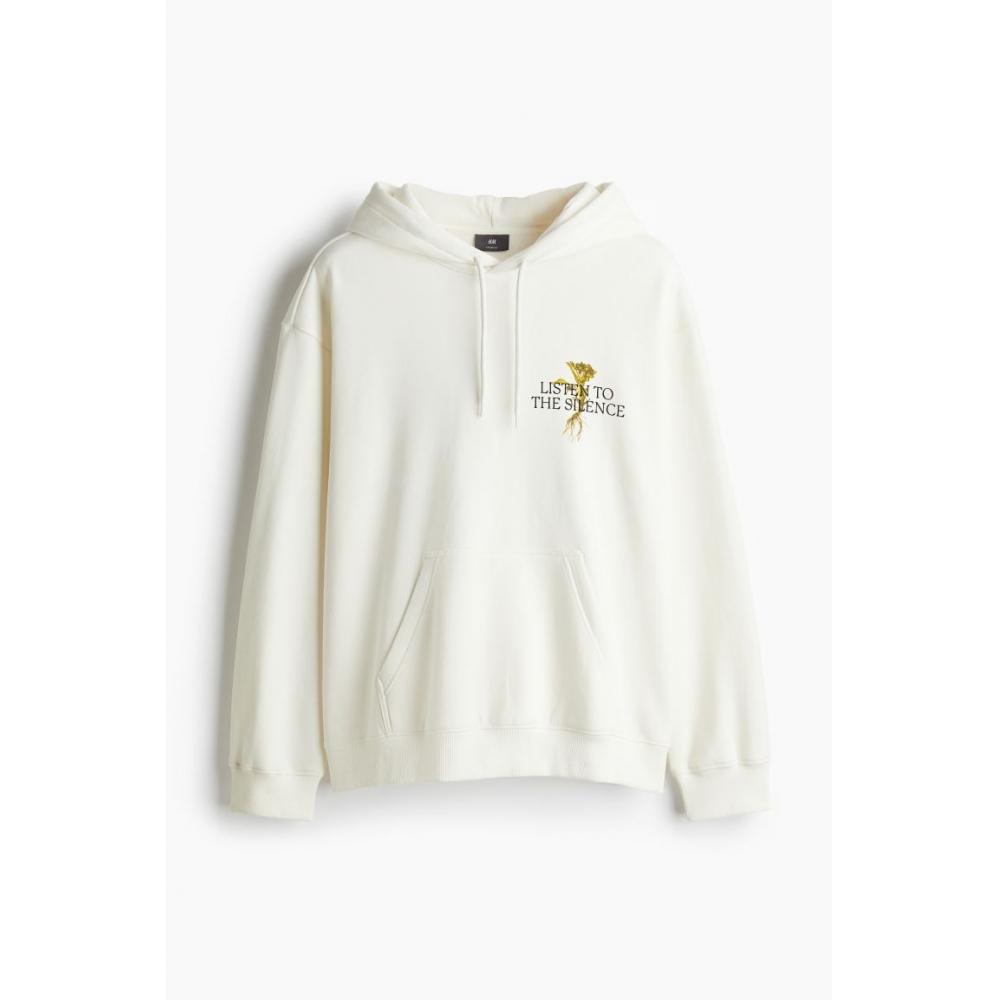 H M Loose Fit Print Hoodie wHite Silence