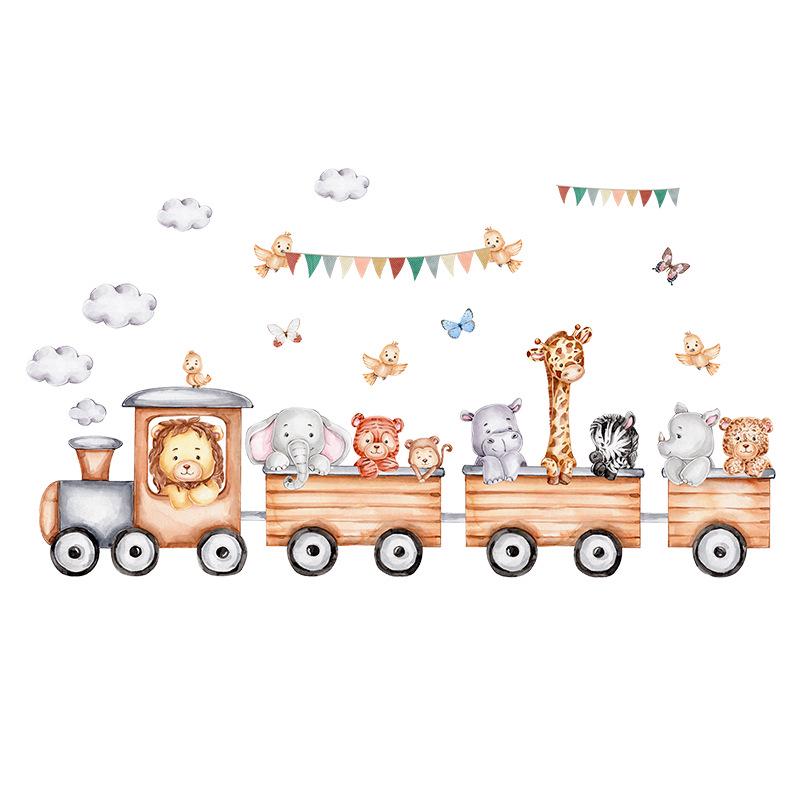 Cartoon Animal Train Wall Stickers for Kids' Room - Zebra & Bear Decorative PVC Decals