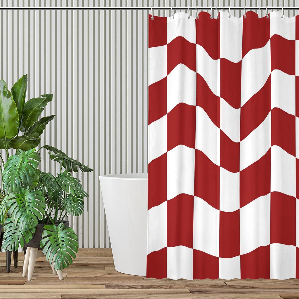 Wavy Red & White Checkerboard Shower Curtain – Optical Illusion Design 70.87X70.87 Inch Modern Guest Bath Decor