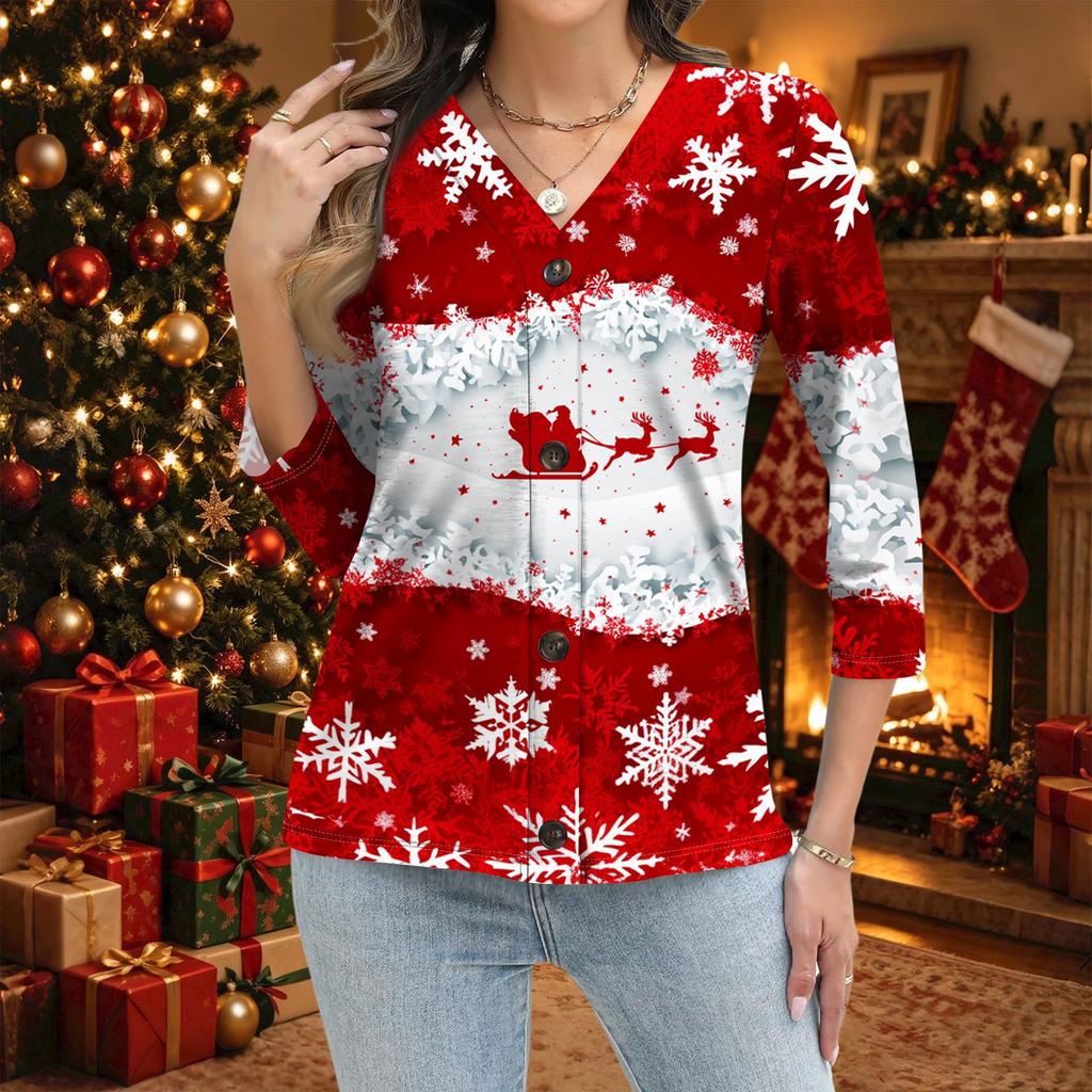 Women's Casual Christmas Print Button Down Shirt with Three-Quarter Sleeve