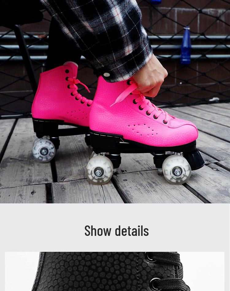 Rose Red Double Row Adult Roller Skates with Flashing Wheels - Leather Style