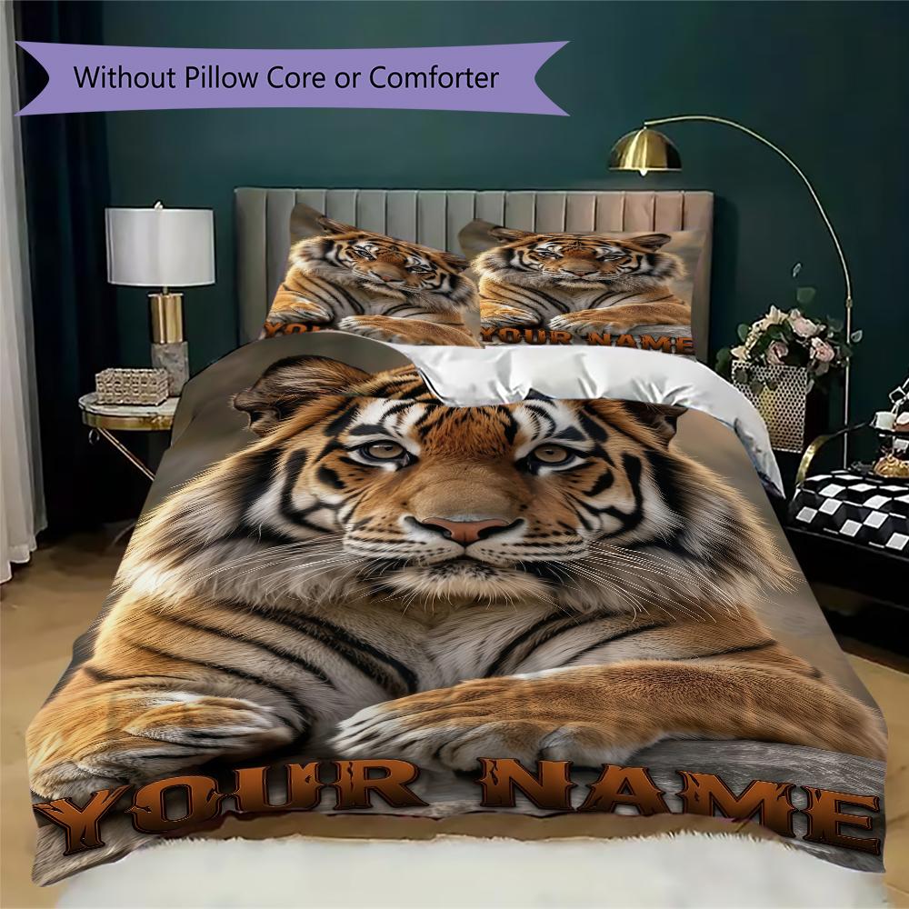 Custom Name White Tiger Artwork Bedding,Quilt Set Quilt Cover Pillowcase Home Birthday Gift(1 * Duvet Cover + 2 * Pillowcase, Without Core)_lx