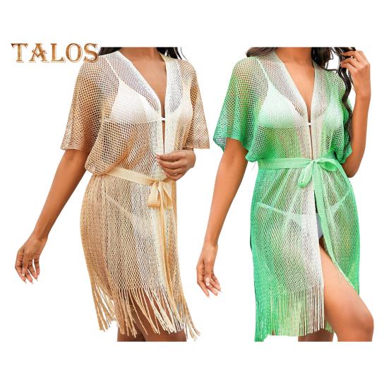 Women Beach Dress Hollow Out Fishnet Lace-up Strap Beachwear with Tassel Gradient Color Coverup Long Sleeve Sun Protection Lady Bikini Swimsuit