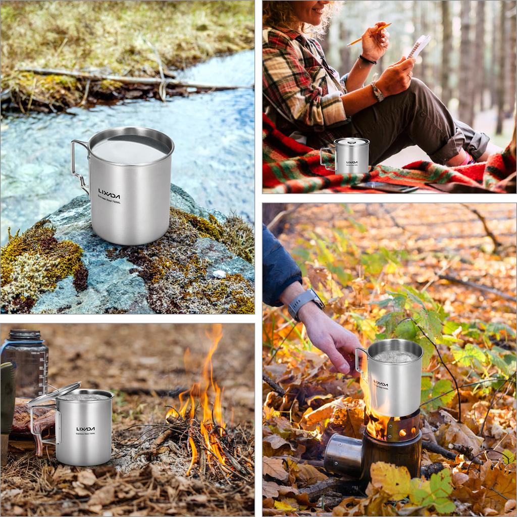 Lixada 750ml Cup Outdoor Stainless Steel  Cup Mug with Foldable Handles and Lid for Camping Hiking Backpacking camping pot
