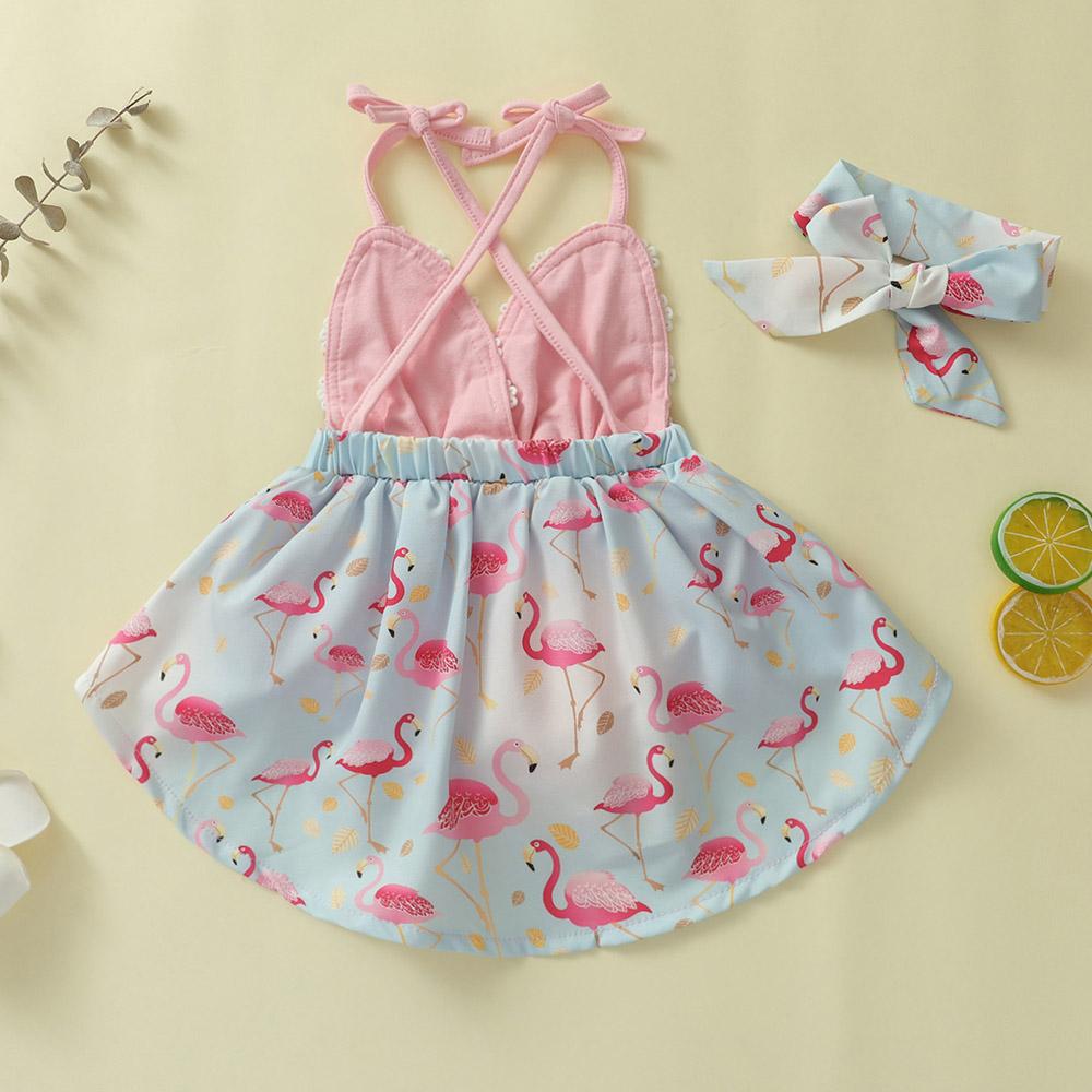 2 st Spädbarn Baby Flicka Rygglös Flamingo Romper Rem Jumpsuit Klänning +Hårband