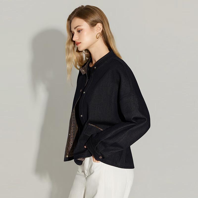 TaTu Women's Loose Fit Stand-Collar Denim Jacket