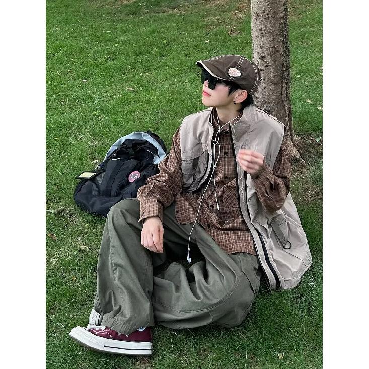 Japanese-Style Retro Large Pocket Plaid Long-Sleeved Shirt Men and Women Vintage Multi-Pocket Couple Contrast Color Shirt Coat