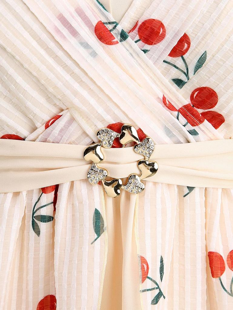 Rosegal Plus Size Cherry Fruit Waffle Plaid Print Buckle Crisscross Ruched Blouse