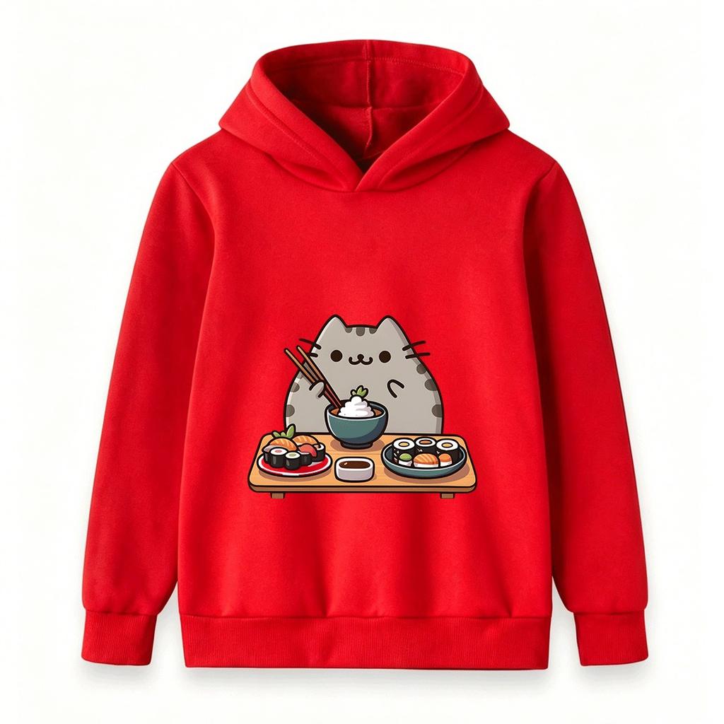 Kids Boys Girls Hooded Pullover Sweatshirt Cute Cartoon Cat Sushi Pattern Casual Soft Pullover Top for Daily Wear Gift for Sushi Lovers