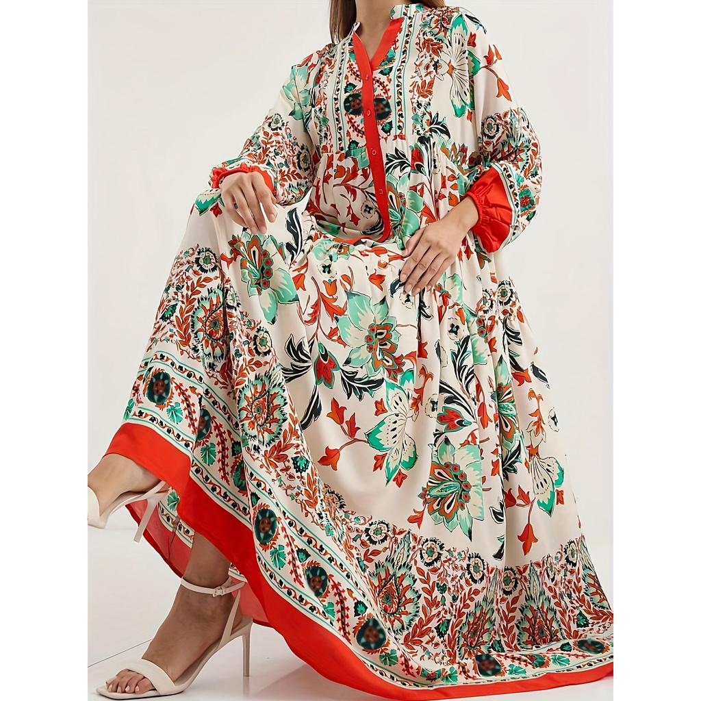 Elegantes Damenkleid mit V-Ausschnitt und langen Ärmeln im floralen Stil aus dem Nahen Osten