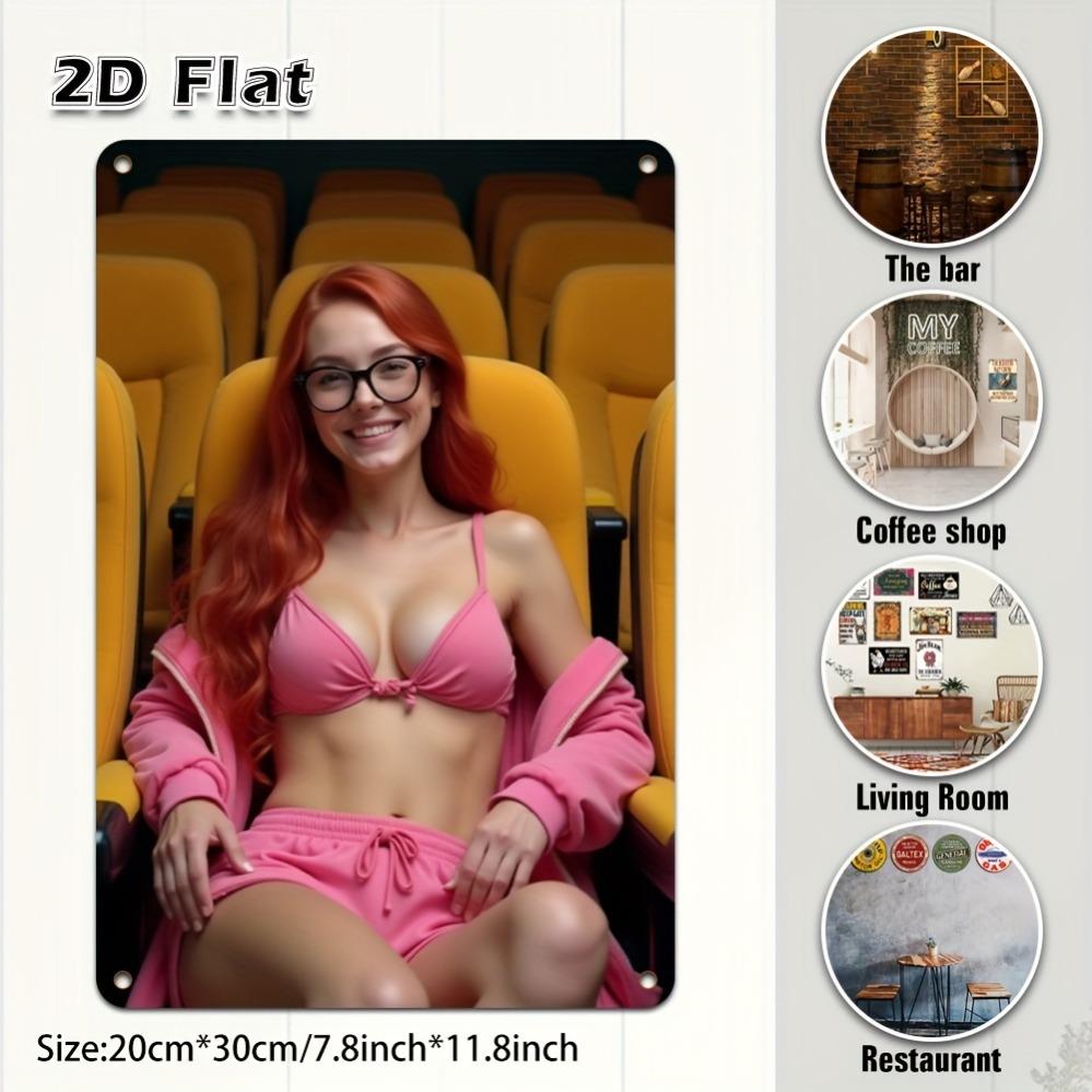 Retro Metal Tin Sign RedHaired Woman In Pink Outfit with Glasses In Theater Vintage Wall Art Decor for Bar Cafe Home X