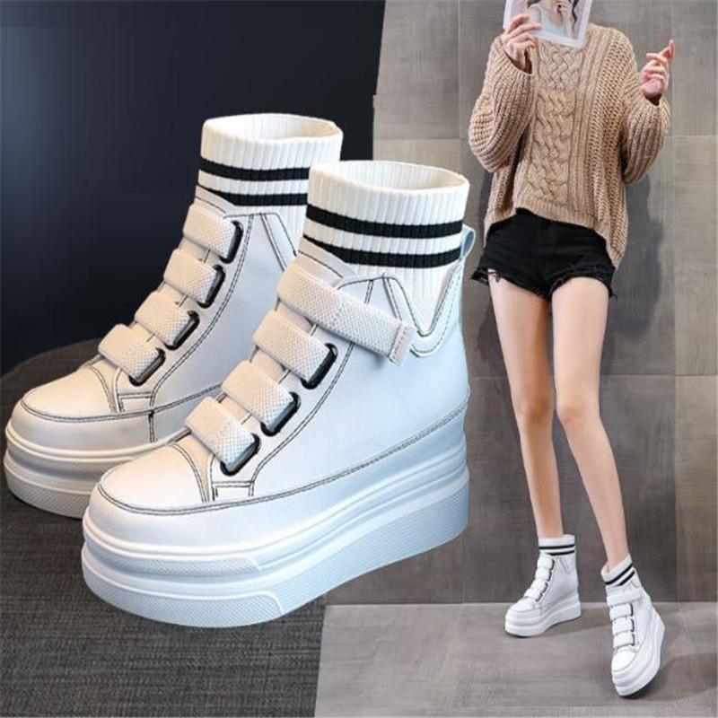 Fashion Spring Autumn Women High Top Sneakers Breathable Thick Sole Chunky Sneakers Ankle Boots 8cm Platform Booties Wedge Boots White