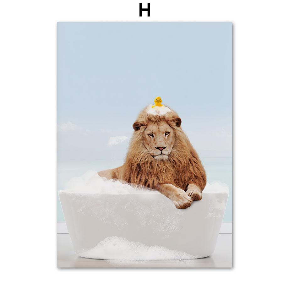 Zvíře ve vaně Lev Tiger Lama Nástěnné umění Obraz na plátně Toaleta Rozmarné Plakáty a obrazy Nástěnné obrazy Legrační dekorace do koupelny