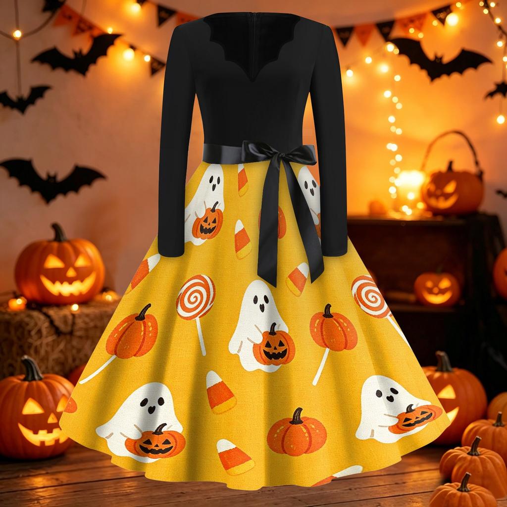 Womens Casual Halloween Print V Neck Vintage Dress Long Sleeve Fit Flare Midi Dress with Waist Tie Retro Style