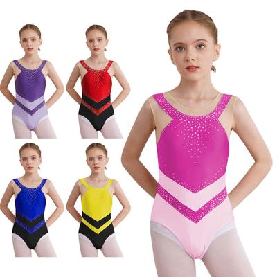 Girls Sparkly Rhinestones Leotard Gymnastics Costume Color Block Sheer Mesh Patchwork Sleeveless Bodysuit