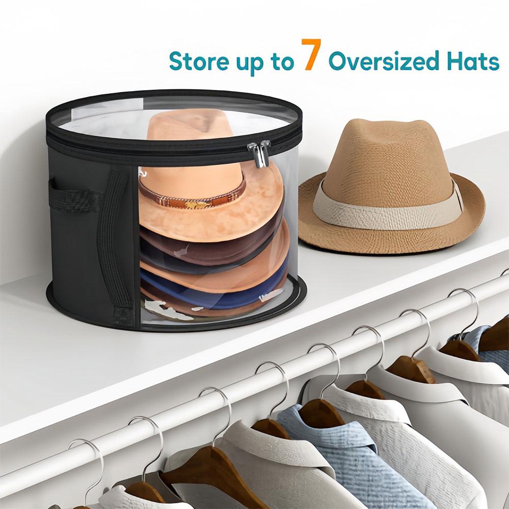Hat Storage Bucket, Clothing Hat Travel Organizer, Foldable Round Brim Hat Storage Bag with Handle and Clear Window