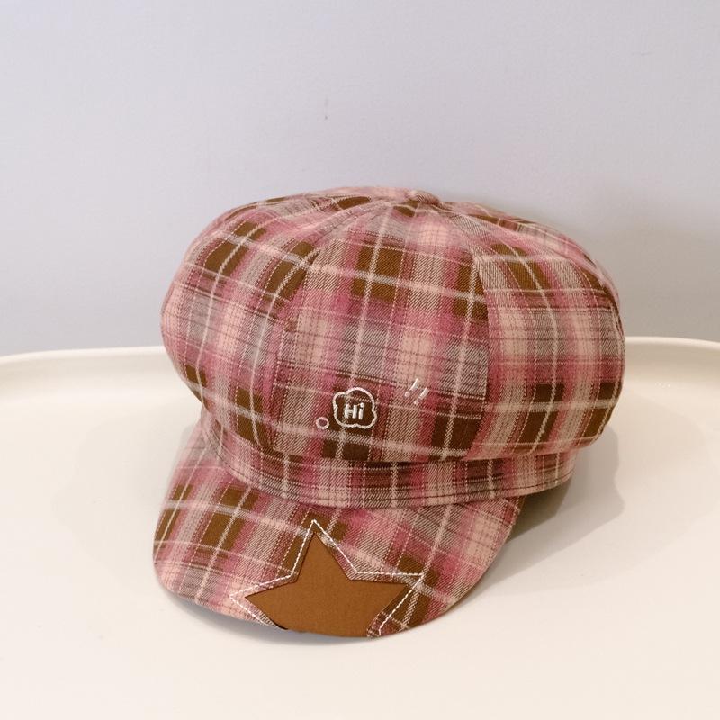 Octagonal hat women's autumn and winter new retro plaid newsboy duck tongue beret alphabet embroidery painter hat
