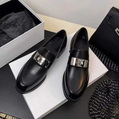 Fashion New Retro British Style Soft Leather Kelly Buckle Flats Women's Thick Heel Shoes Black Small Leather Low Heel Single Shoes
