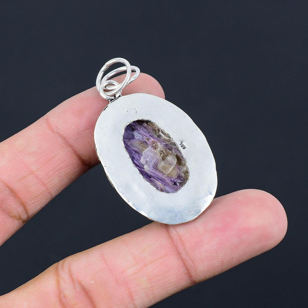 Easter Sale Oval Charoite Gemstone Mother Unique Wedding Boho Pendant 925 Silver