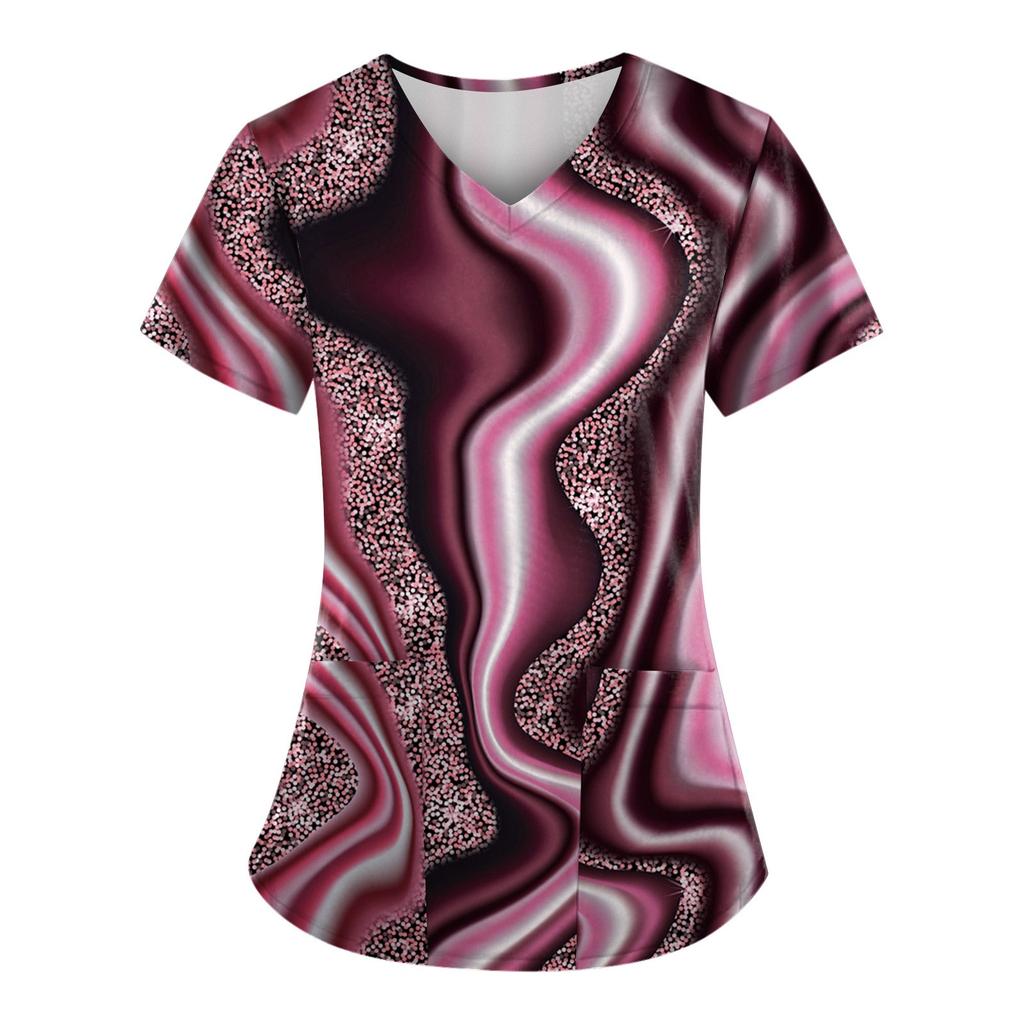 Frauen Mode Frühjahr Und Sommer Ölgemälde Druck V-ausschnitt Kurzarm Arbeitskleidung Mit Taschen Tops