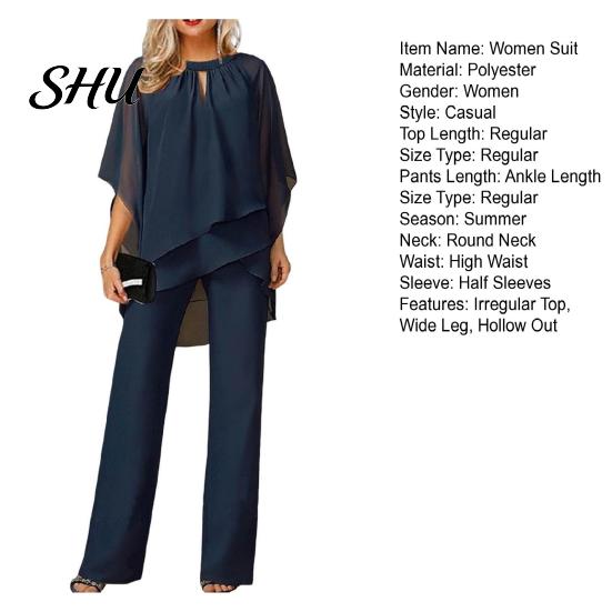 Solid Color Two-piece Suit 2 Pcs/Set Women Top Pants Set Hollow Out Half Sleeve O Neck Irregular Half-sleeve And Trousers Layered Hem Wide Leg