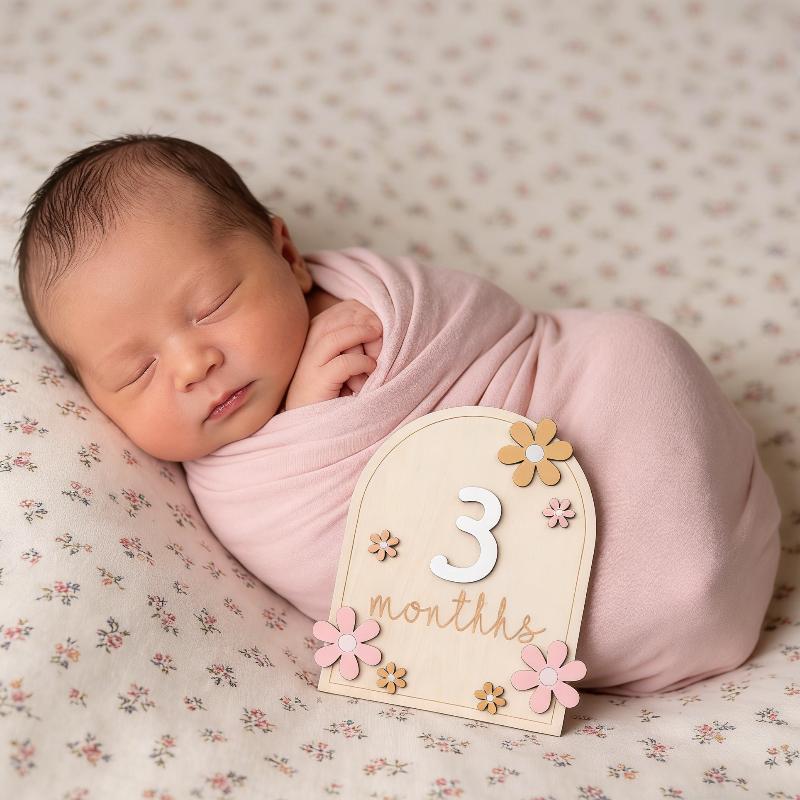 Wooden Baby Monthly Milestone Cards Flowers Double Sides Number Month Girls Boys Newborn Photography Props Accessories A set