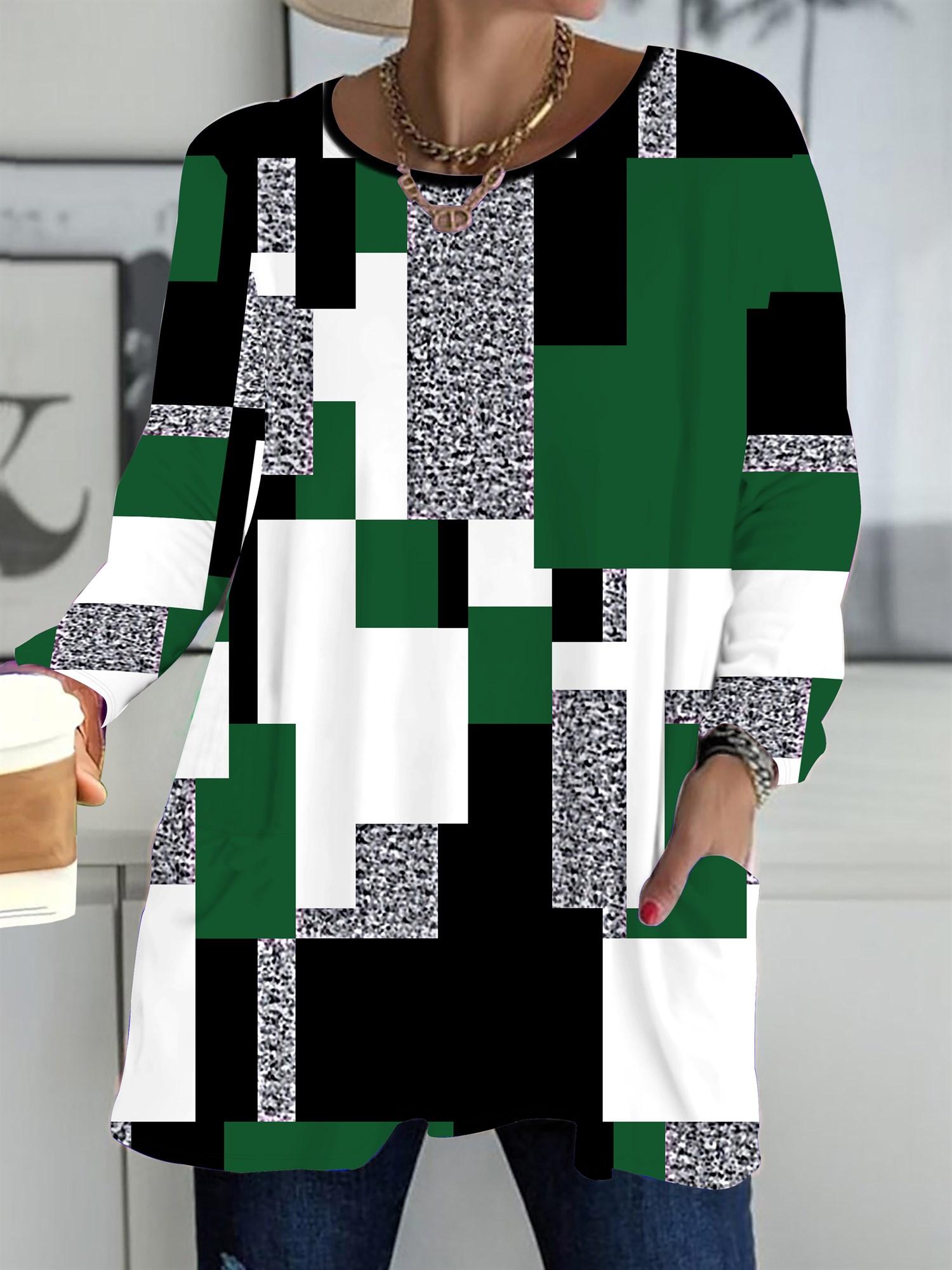 

2025 Autumn Winter New Plus Size Women s Tops, Plaid 3D Print Fashion Crew Neck Long Sleeve T-Shirts 1XL