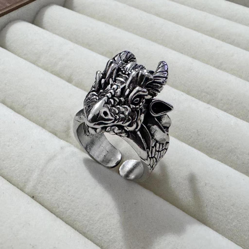 Retro Zodiac Dragon Head Adjustable Alloy Ring for Men