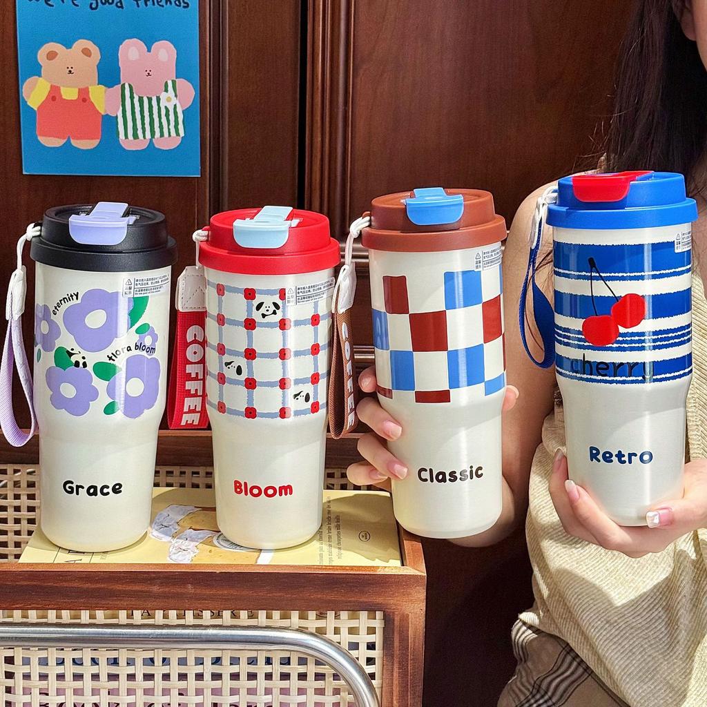 One cover double drink stainless steel thermos cup female high value large capacity portable ice cup cartoon cute water cup