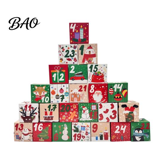 Christmas Countdown Calendar Box 24 Pcs DIY Advent Boxes, Days Gift Box, Santa Snowman Elk Print Boxes Empty Cardboard Number To Fill for Adults,