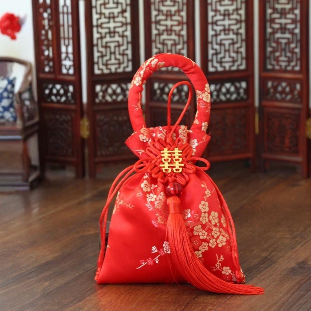 Chinese Style Canvas Flower Drawstring Bag Dragon Phoenix Festive Sugar Bag Storage Bag Korean Style New Year Bucket Bag Wedding