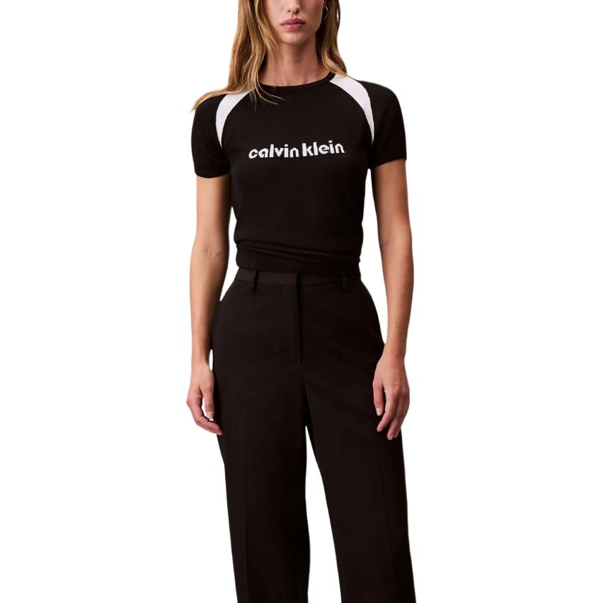 Calvin Klein Color Block Letter Logo Short Sleeve Knit Top Women tops LV047C307G-UB1 S
