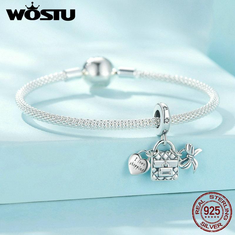 WOSTU I Love Shopping Charms din argint 925 și mărgele cu bowknot se potrivesc cu brățări originale femei, bijuterii DIY