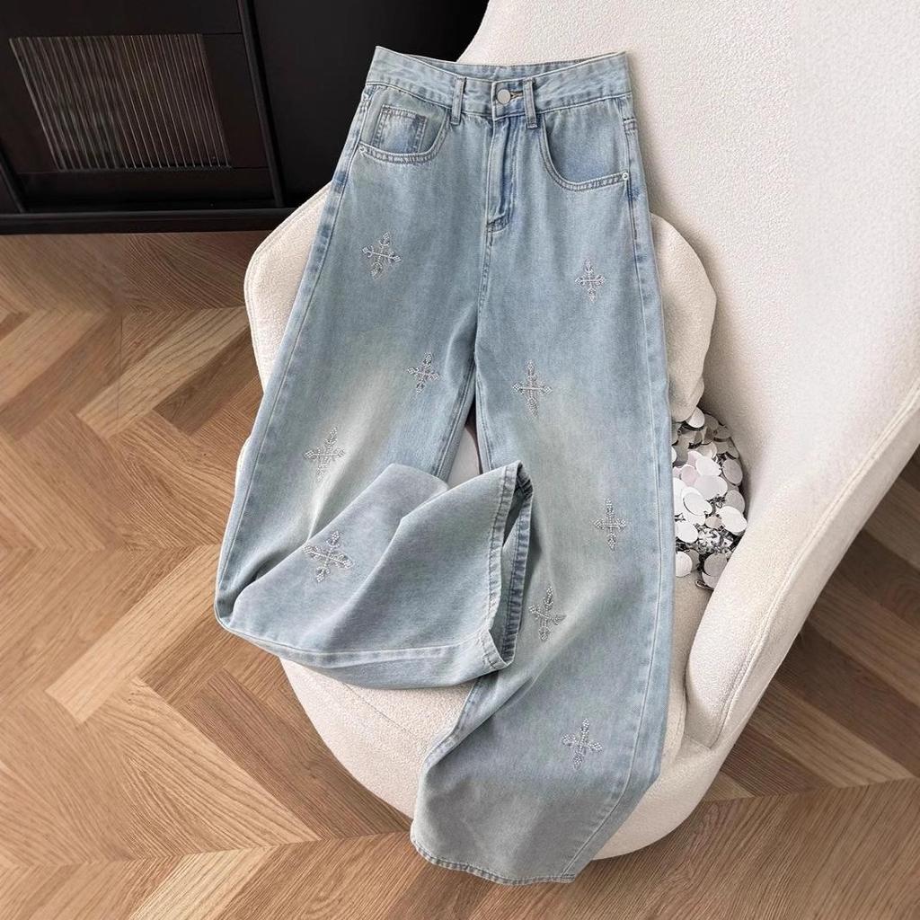 2025 Autumn High-End High Waist Slimming Denim Jeans – Women's Fashion Narrow Straight Leg Pants with Hot Drill Details