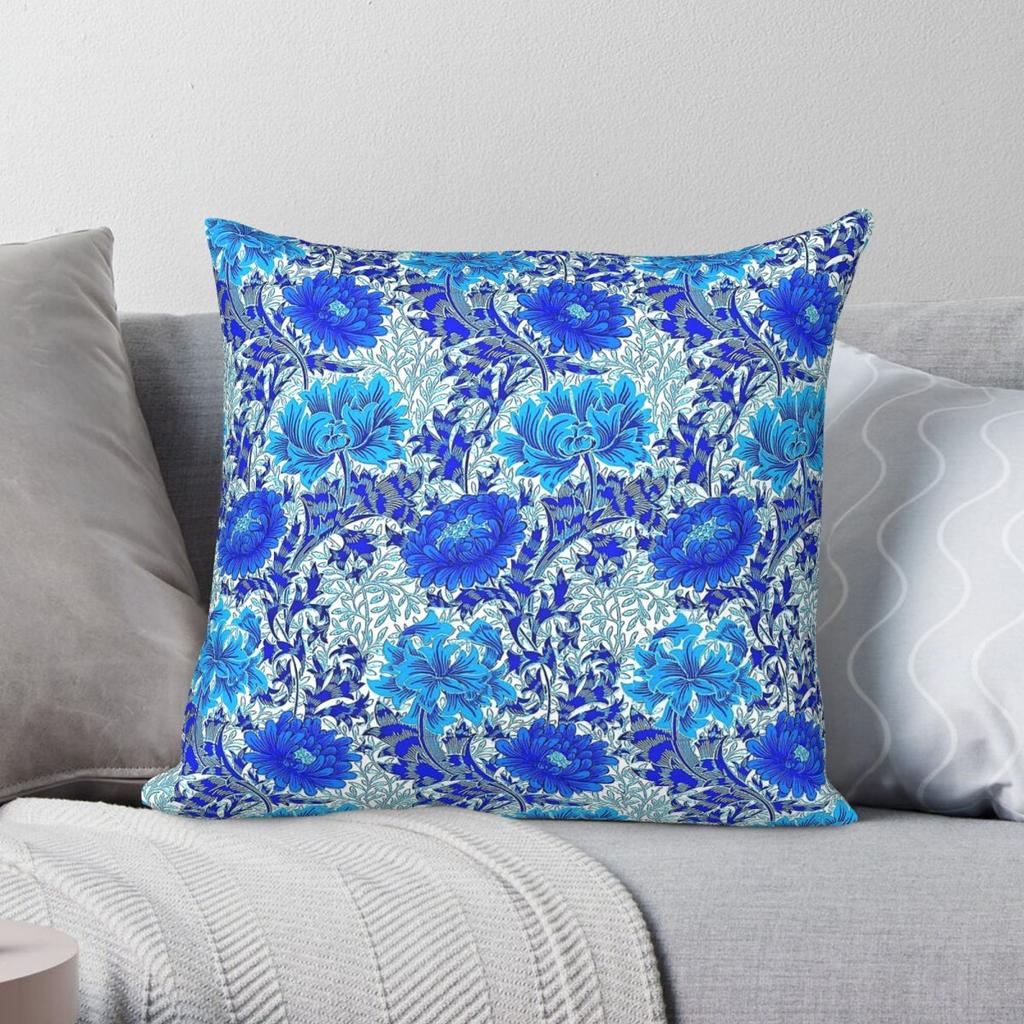 William Morris Chrysanthemums Denim Blue Pillowcase Polyester Linen Velvet Pattern Decorative Throw Pillow Car Cushion Cover