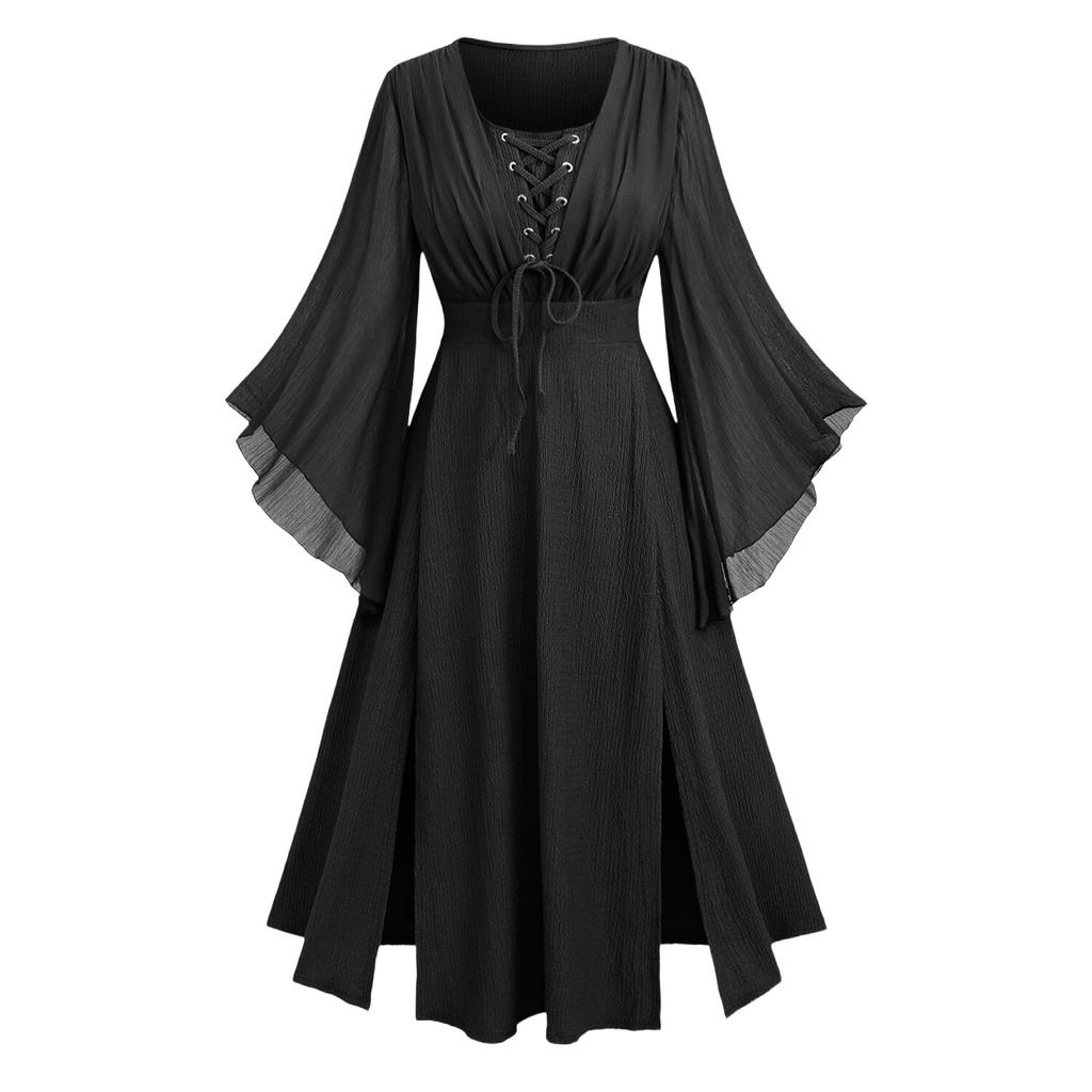 Women V Neck Long Sleeve Lace Up Maxi Dress with Split Hem and Flared Cuff Retro Style for Casual or Special Occasions
