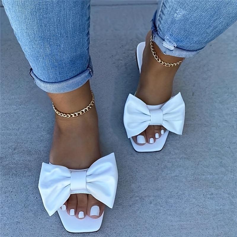 Women's Bowknot Flat Slippers, Solid Color Square Open Toe Non Slip Slides Shoes, Versatile Indoor & Outdoor Slippers