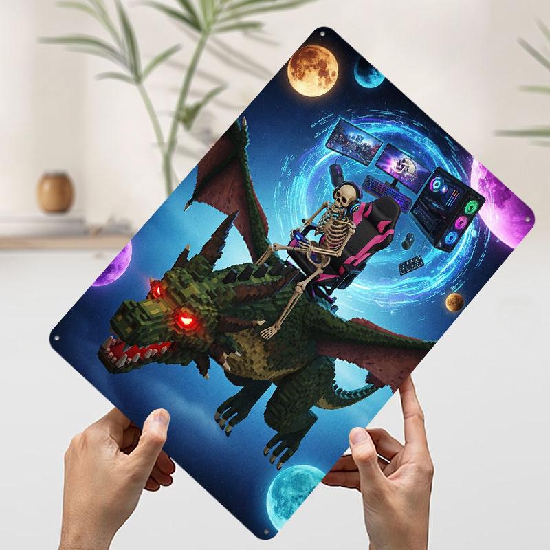 Skeleton Gamer Riding Pixelated Dragon Printed Poster Customized Wall Art Retro Vintage Metal Tin Signs for Room Decoration Home