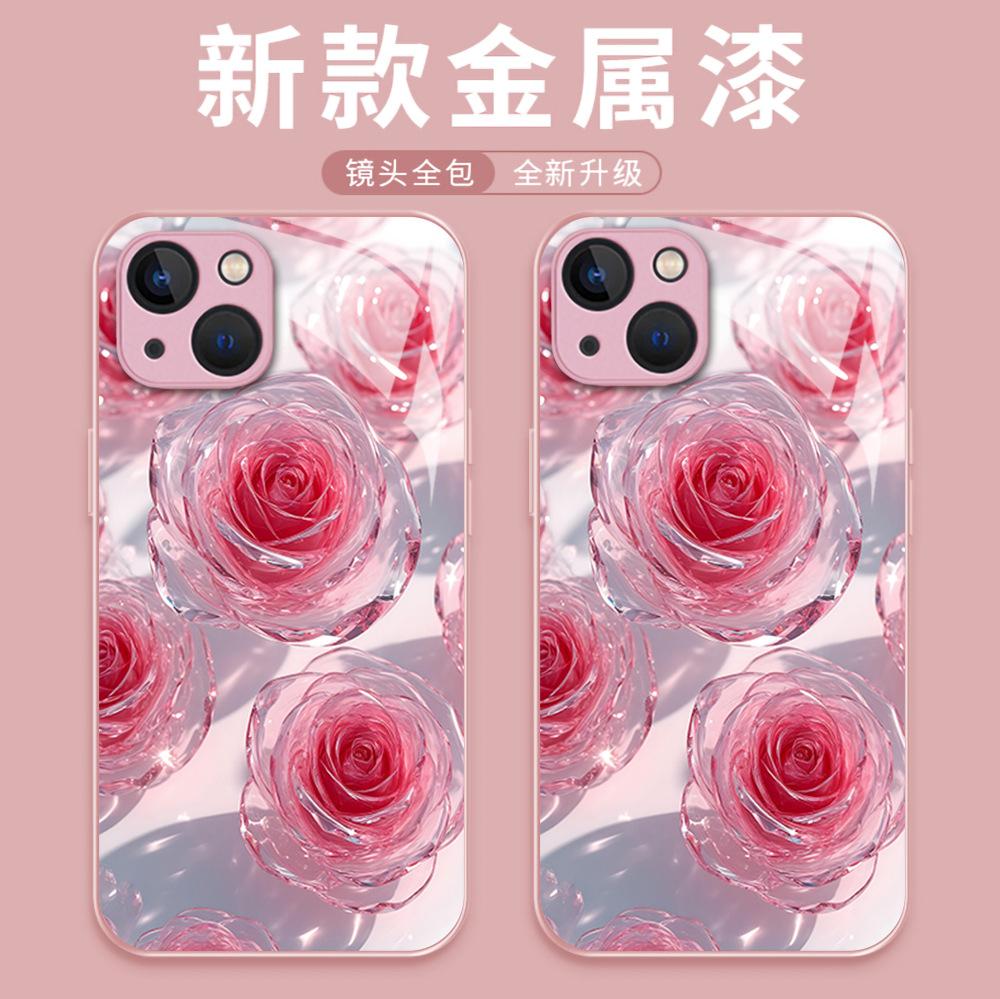 Beautiful Crystal Rose Mobile Phone Case iPhone16 High-value Glass Mobile Phone Case Apple 17promax Girls