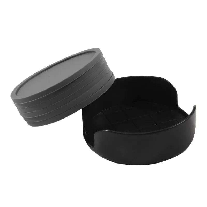 6 Pads 1 Plastic Holder Non-slip Silicone Drinking Coaster Set Holder Cup Coaster Mat Set Round Mat Home Office Table Decor