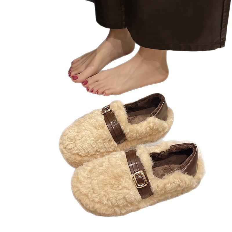 thick-soled fluffy shoes for women to wear outside autumn and winter new versatile one-pedal Doudou shoes with velvet cotton shoes