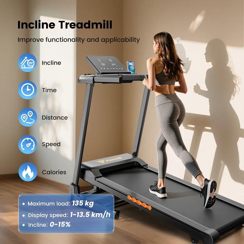 Formill FT61 3.0 Horsepower Folding Treadmill, 15° incline, 13.5 km/h, 17×43 inch belt, 300 lbs load, quiet, LCD, home shock absorption