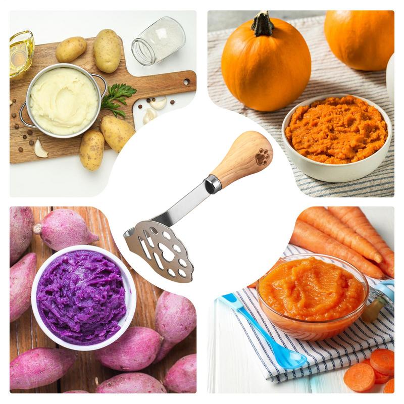 Stainless Steel Food Masher Manual Heavy-Duty Mashing Utensil Claw Pattern Potato Masher with Wooden Handle Kitchen Accessories