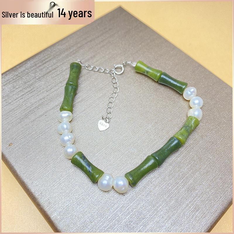 Women's Olive Jade Bamboo Joint Bracelet: Chinese S925 Silver, Natural Pearl, Retro, Versatile Style.