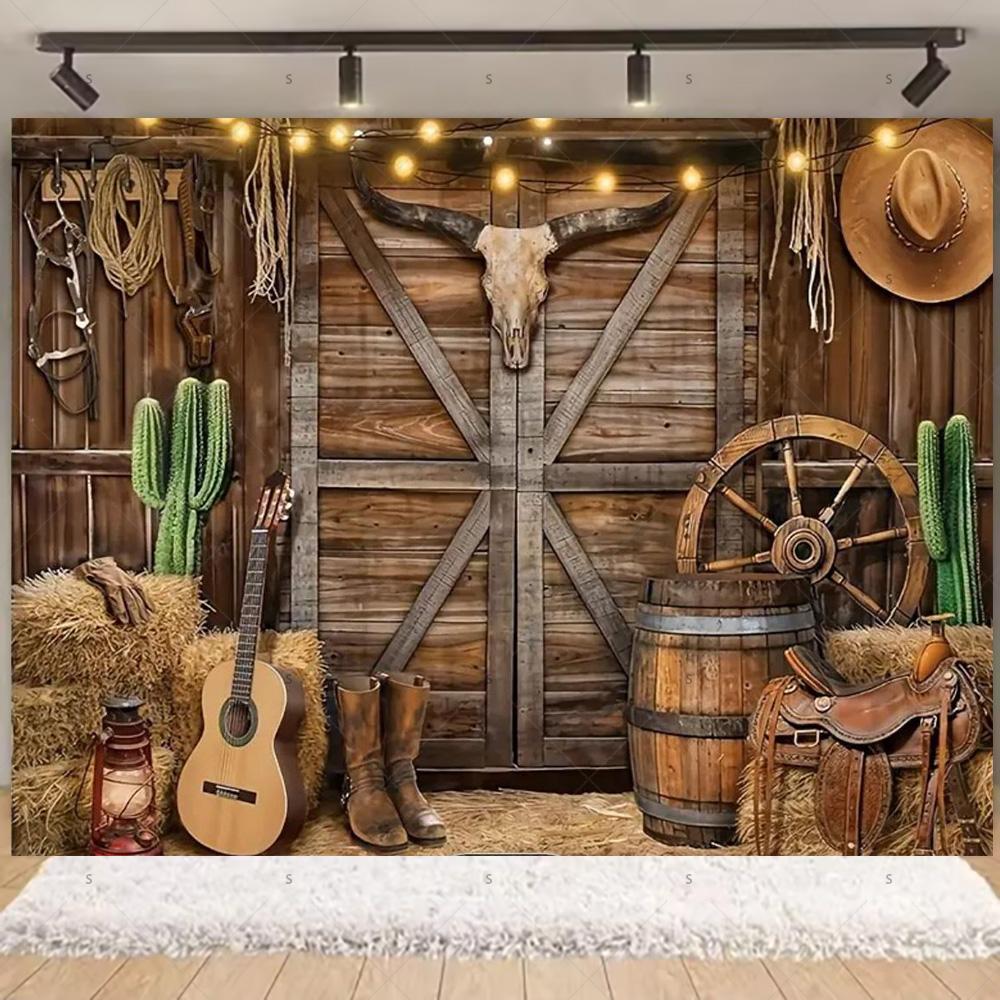 Western Cowboy Photography Backdrop Rustic Farm Barn Haystack Wood House Horse Wheel Background Party Decor Photo Shoot Props